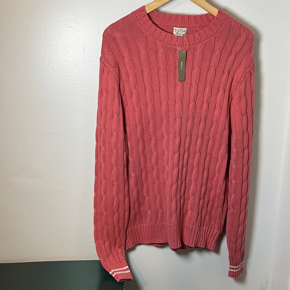 NWT Knit for J. Crew Pink Cable Knit Crewneck 100%‎ Cotton Classic Sweater Sz L